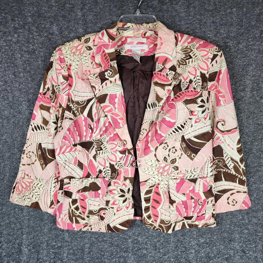 Nine & Company Blazer Women 10 Stretch Pink Brown Paisley Floral EUC